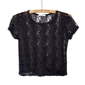 Antistar Womens Small Lace Crochet  Cropped Black T-Shirt Top Festival